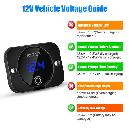 Medidor de voltaje de batería, pantalla digital LED, medidor de voltaje CC, voltímetro impermeable con interruptor táctil para 12 V/24 V
