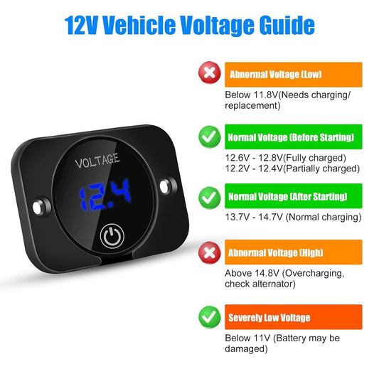 Medidor de voltaje de batería, pantalla digital LED, medidor de voltaje CC, voltímetro impermeable con interruptor táctil para 12 V/24 V